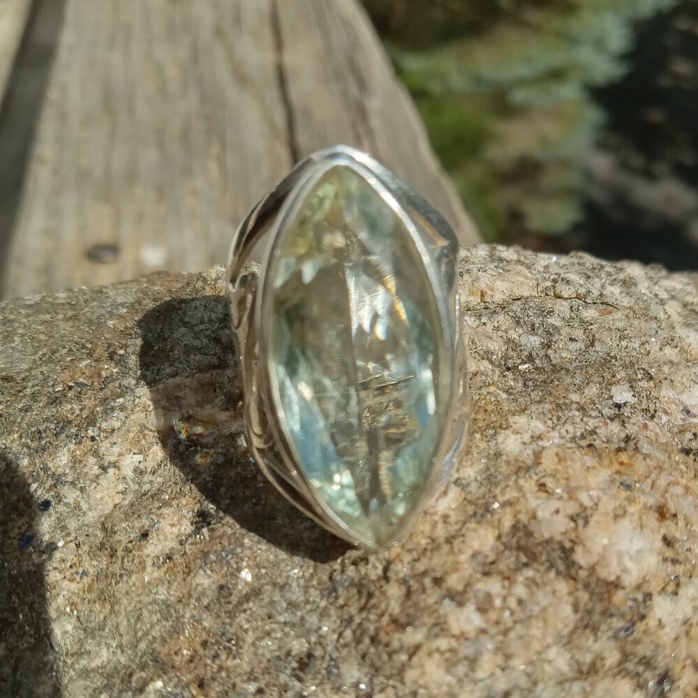 Stunning huge prasiolite (green amethyst) set in 925 patterned silver